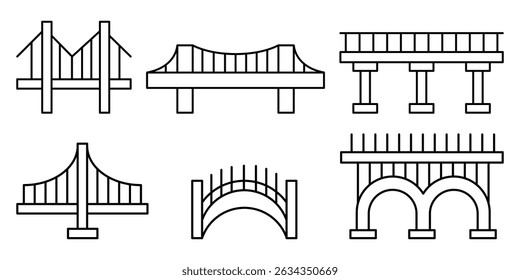 Bridge construction structure icon set vector illustration with different architectural engineering style design line symbol isolated transportation concept.