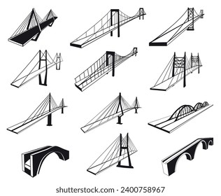 Bridge construction urban architecture monochrome minimalist isometric line icon set vector illustration. City highway engineer architectural build with metallic ropes and arch concrete across road