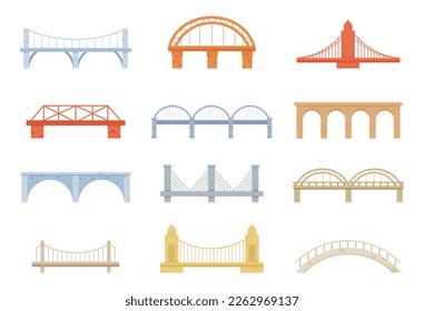 Bridge of construction vector cartoon set icon. Color graphic design. Set of Bridges, Urban Crossover Architecture and Construction for Transportation with Carriageway