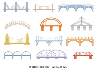 Puente del conjunto de dibujos animados vectoriales de construcción. Diseño gráfico de color. Conjunto de Puentes, Arquitectura Urbana de Crossover y Construcción para Transporte con Carretera