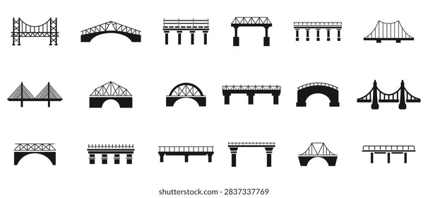 Bridge construction vector silhouette, Bridge construction and architecture icons set. Bridge, Pedestrian bridges, River Crossing, Suspension, Bridge Structure. Vector illustration.