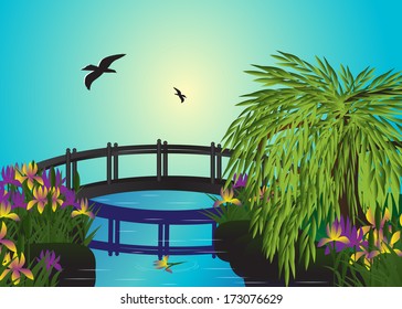 Bridge. Couple of birds flies over the bridge and the river, flowers and a tree grow ashore on a blue background