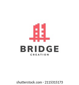 Bridge creation logo design illustration with pixel symbols and digital bridge building