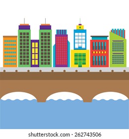 Bridge Cross River And Buildings On Land Vector Illustration