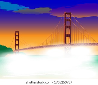 Bridge at dawn in the fog. Golden Gate Bridge isolated vector illustration San Francisco California United States of America. For design cards