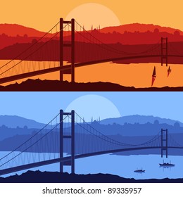 Bridge in day and night Arabic city landscape background illustration