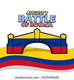 A bridge decorated with the Colombian flag, with bold text on white background to commemorate Battle of Boyaca on August 7 in Colombia