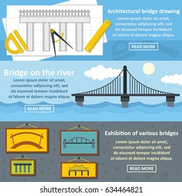 Bridge design architect banner horizontal concept set. Flat illustration of 3 bridge design architect vector banner horizontal concepts for web