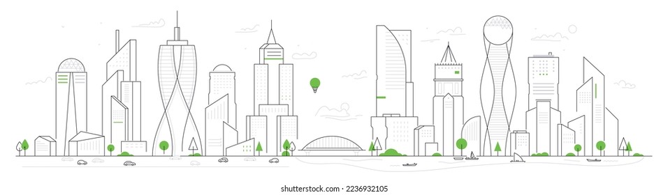 Bridge divides city - thin line design style vector illustration on white background. Composition with facade of modern buildings. Green trees, landmark silhouette and metropolis structure idea