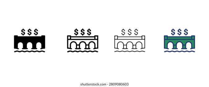 Bridge with dollar signs on top and water below in various colors and line styles for business and finance concepts money and infrastructure symbols