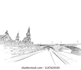 Augustów Brücke Bridge. Dresden. Germany. Hand drawn sketch. Urban sketch. Vector illustration. 