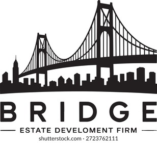 Logotipo de la empresa de desarrollo inmobiliario Bridge que presenta un puente colgante estilizado y un horizonte de la ciudad que representa los servicios inmobiliarios y de desarrollo inmobiliario.