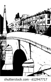 Bridge fisherman vector, hand drawn pencil illustration