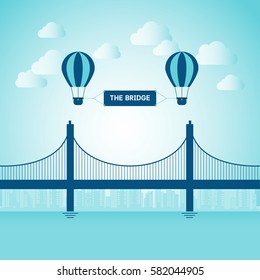 Bridge in flat style with building. Vector illustration. 