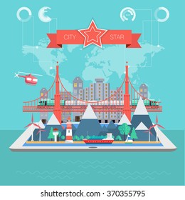bridge geography technology communication refinery factory and computer technology with eco-factories industry landscape graphics elements for design