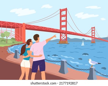 Bridge Golden Gate across the strait. San Francisco. The boy and girl are looking at the bridge. Vector illustration.