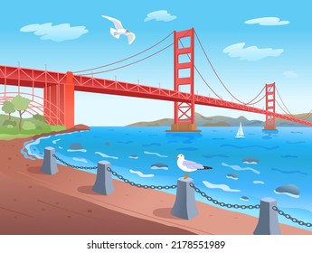 Bridge Golden Gate across the strait. One of the most recognizable bridges in the world. City of San Francisco. Vector flat illustration.
