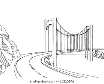 Bridge graphic art black white landscape sketch illustration vector