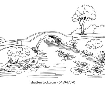 Bridge graphic black white landscape sketch illustration vector