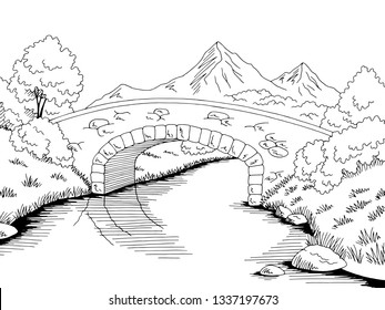 Bridge graphic river black white landscape sketch illustration vector