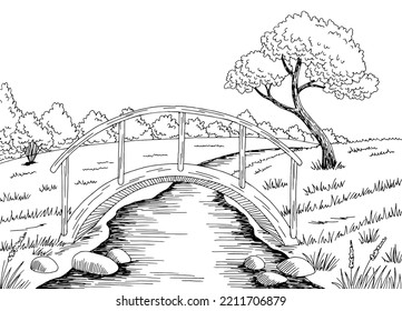 Bridge graphic river black white landscape sketch illustration vector 