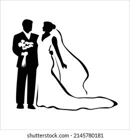 bridge and groom silhouette vector illustration. wedding sign and symbol. romantic couple..