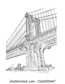 Bridge hand drawn sketch. New York city, Line illustration