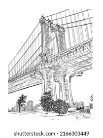 Dibujo dibujado a mano puente. Ciudad de Nueva York, ilustración de Line