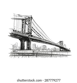 Bridge hand drawn sketch. New York city, vector illustration