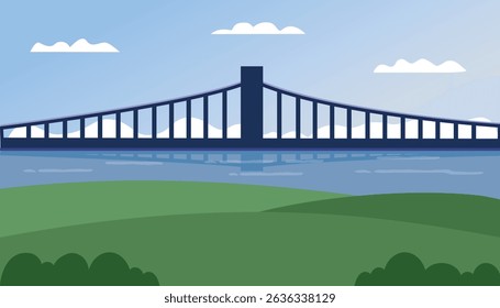 Bridge and hill illustration. River scenery. Sunny day. Park scenery. Golden bridge. 