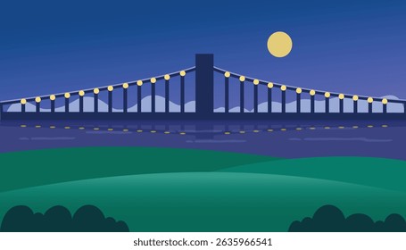 Bridge and hill at night illustration. River in the evening. Midnight scenery. Midnight in the city. Bridge lamp. 