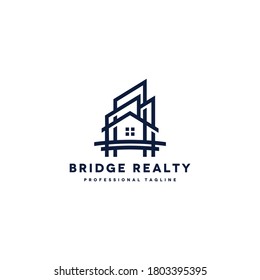 bridge house vector logo design template for canal bridge area properties, realty business. linear line structure logotype