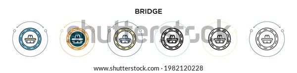 Bridge icon in filled,\
thin line, outline and stroke style. Vector illustration of two\
colored and black bridge vector icons designs can be used for\
mobile, ui, web