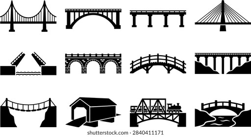 Bridge icon set with 12 black vector silhouettes, architectural bridge structures for civil engineering, suspension and arch bridge collection