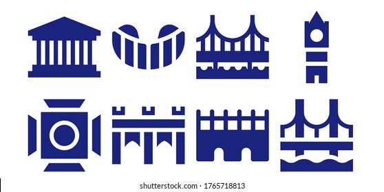 bridge icon set. 8 filled bridge icons.  Simple modern icons such as: Scenic Illumination, Pantheon, Bridge, Gum shield, Big ben