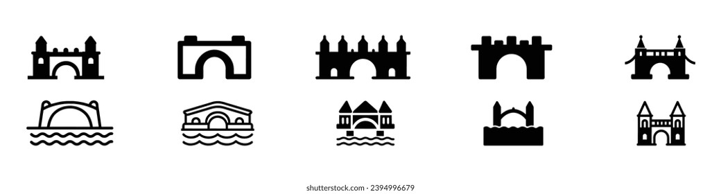 bridge icon, Set of isolated black simple icons bridges, bridge vector icon solid for cars and pedestrians, Outline golden gate bridge icon