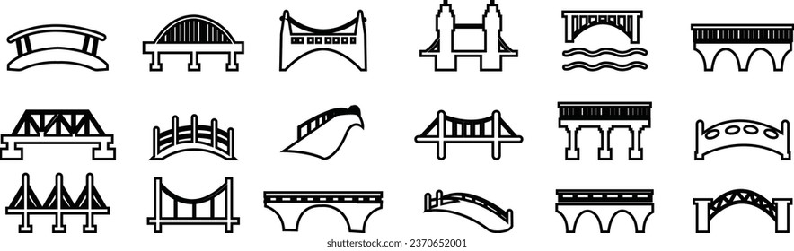 Bridge, icon set. Various bridges, linear icons. isolated on white background