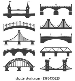 Bridge icons. Bridges vector silhouettes with pillars and bridging towers, concrete promenade and motorway architectural structures illustration