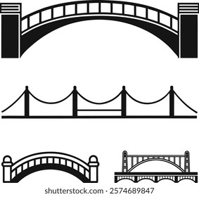 Bridge Icons Set black silhouettes. Urban industrial architecture constructions. Different bridges vector icons Illustration