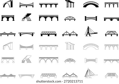 Bridge icons set collection with arch suspension truss viaduct structures in flat and line style, transportation infrastructure outline illustration group for city map UI design