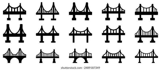 Conjunto de iconos de puente. Colección de iconos simples de puente negro que representan diferentes diseños arquitectónicos. Ilustración vectorial