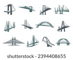 Bridge icons, vector city constructions of suspension, tied arch and cable stayed road bridges with towers, stone and metal girders. Urban architecture, bridge building and transportation symbols