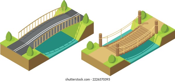 Bridge isometric set. 3d isolated drawing elements of modern urban infrastructure for games or applications. Bridge across the river with grass and tree, isometric icon. Element infographic