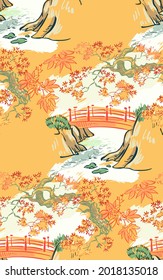 Bridge Japanese Chinese Design Sketch Ink Paint Style Seamless