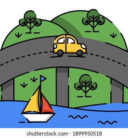 Bridge and the lake landscape illustration. Easy to edit with vector file. Can use for your creative content. Especially about outdoor and nature.