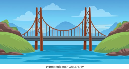 Bridge landscape. Panoramic scene with bridgework across river cartoon style, architecture construction travel infrastructure flat design. Vector illustration of bridge architecture panoramic,