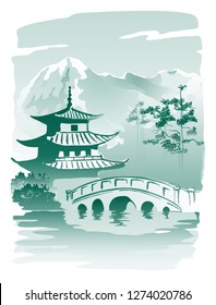 The bridge leading to the Pagoda.
Imitation of traditional Chinese painting. Illustration, vector.