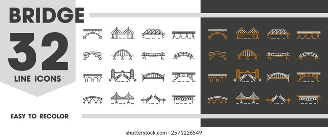 Bridge line icons for architecture, building or transportation and construction, vector symbols. Different bridge types and constructions of drawbridge for highway road or pedestrian link over river