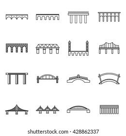 Bridge linear icons set. Line illustration of 16 bridge vector icons isolated on white background
