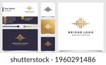 Bridge logo with creative golden concept and business card design Premium Vector